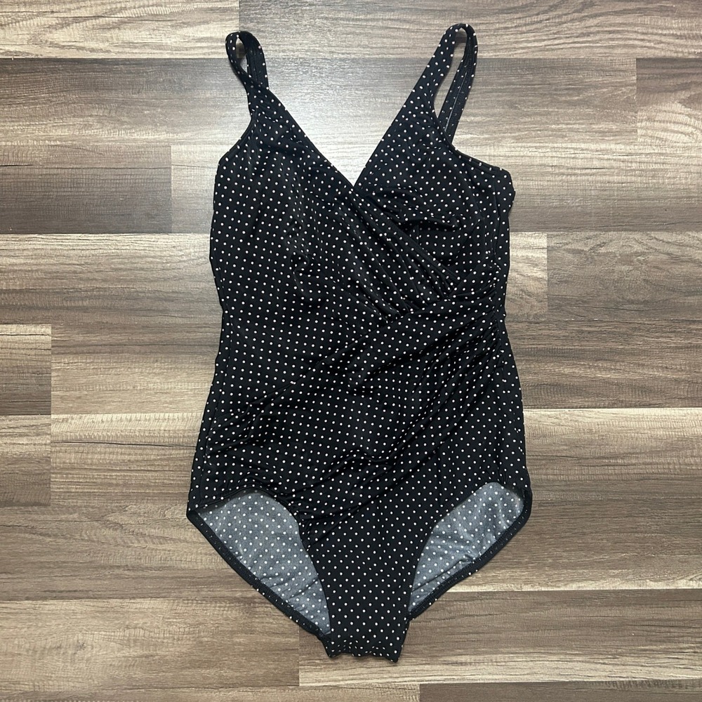 Miraclesuit One Piece Swimsuit Women 6 Black Pink Polka Dot Ruched Rockabilly